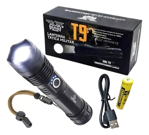 Mini Lanterna Tática Led T9 Usb A Prova Dágua Foco Ajustável