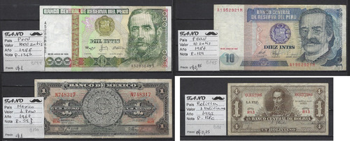 B144 Lote X 4 Billetes Peru, Mexico, Bolivia. Ver