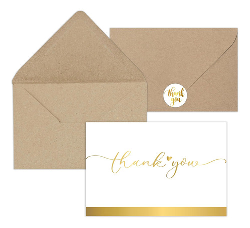 24 Gold Foil Thank You Cards With Kraft Envelopes And Sticke