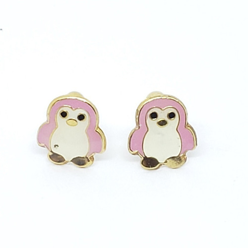 Aretes De Pinguino Rosa Y Panda Oro Lam.2 Pares +estuche A1