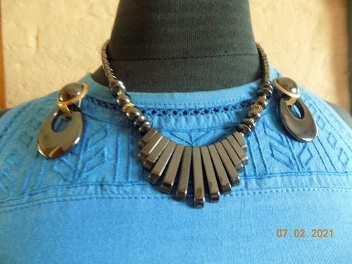 Conjunto Fiesta Piedra Ematite Negro Collar Aros Bijouterie 