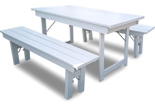 Mesa Pleg Pino 1.5mt Quincho Interior + 2 Bancos-laca Blanca