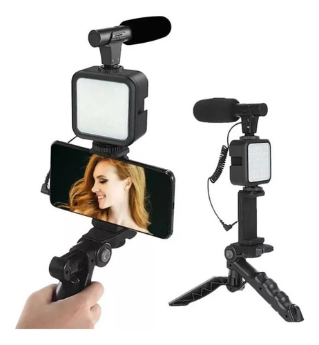 Kit Streaming Para Celular Tripode Luz Led Soporte Microfono Negro