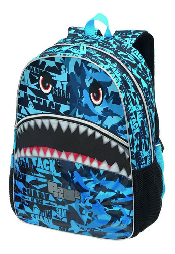 Kit Mochila Costas Lanch Estojo Duplo Pack Me Shark Pacific Cor Preto Desenho Do Tecido Shark Attack