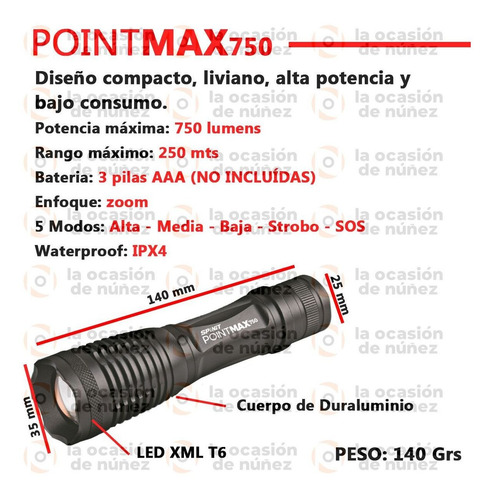 Imagen 2 de 7 de Linterna Tactica De Mano Spinit Zoom Pointmax 750 Led Xml T6