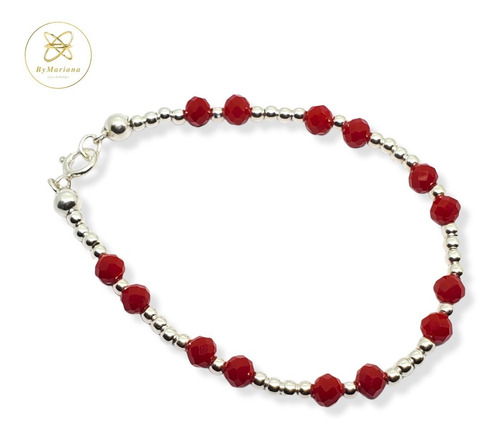 Imagen 1 de 5 de Pulsera Plata Bolitas 3mm Y Cristal Rojo 4mm