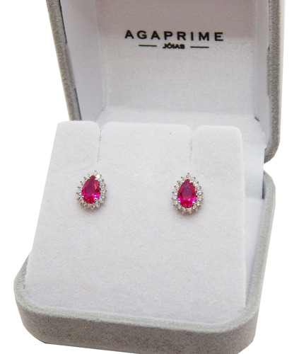 Conjunto De Ouro Branco 18k Com Rubi Sintético E Zircônias