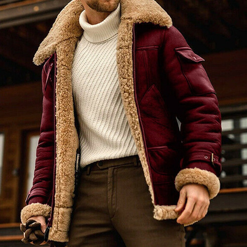 Men's Winter Jackets Pu Thick Wool Lined Bomba