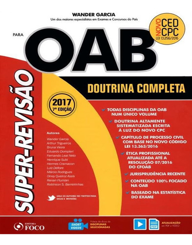 Super Revisao Oab Doutrina Completa 07 Ed, De Garcia, Wander., Vol. 1. Editorial Foco Juridico, Capa Mole, Edição 2017-01-01 00:00:00 Em Português, 2017