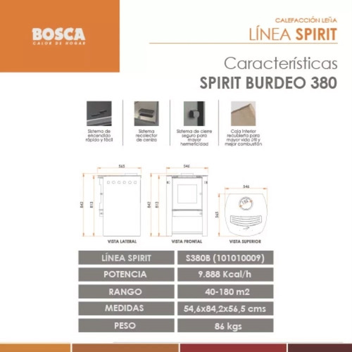 Salamandra Bosca Spirit 380 Bordeaux Estufa 180m2 9900 Kit