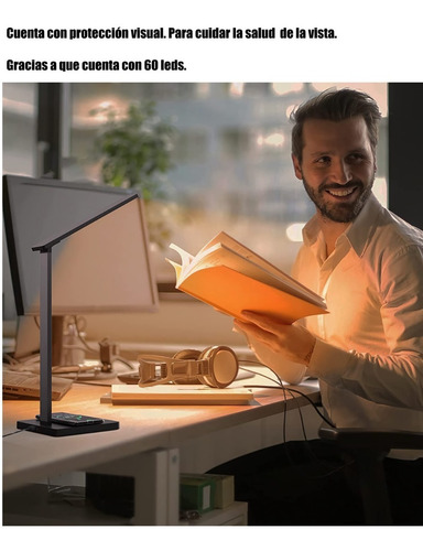 Imagen 2 de 6 de Lampara De Mesa Escritorio Con Cargador Inalambrico Y Usb