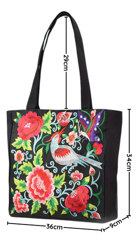 Bolsa Bordada Grande Artesanal Flores Y Pájaros Tres 3*pzas