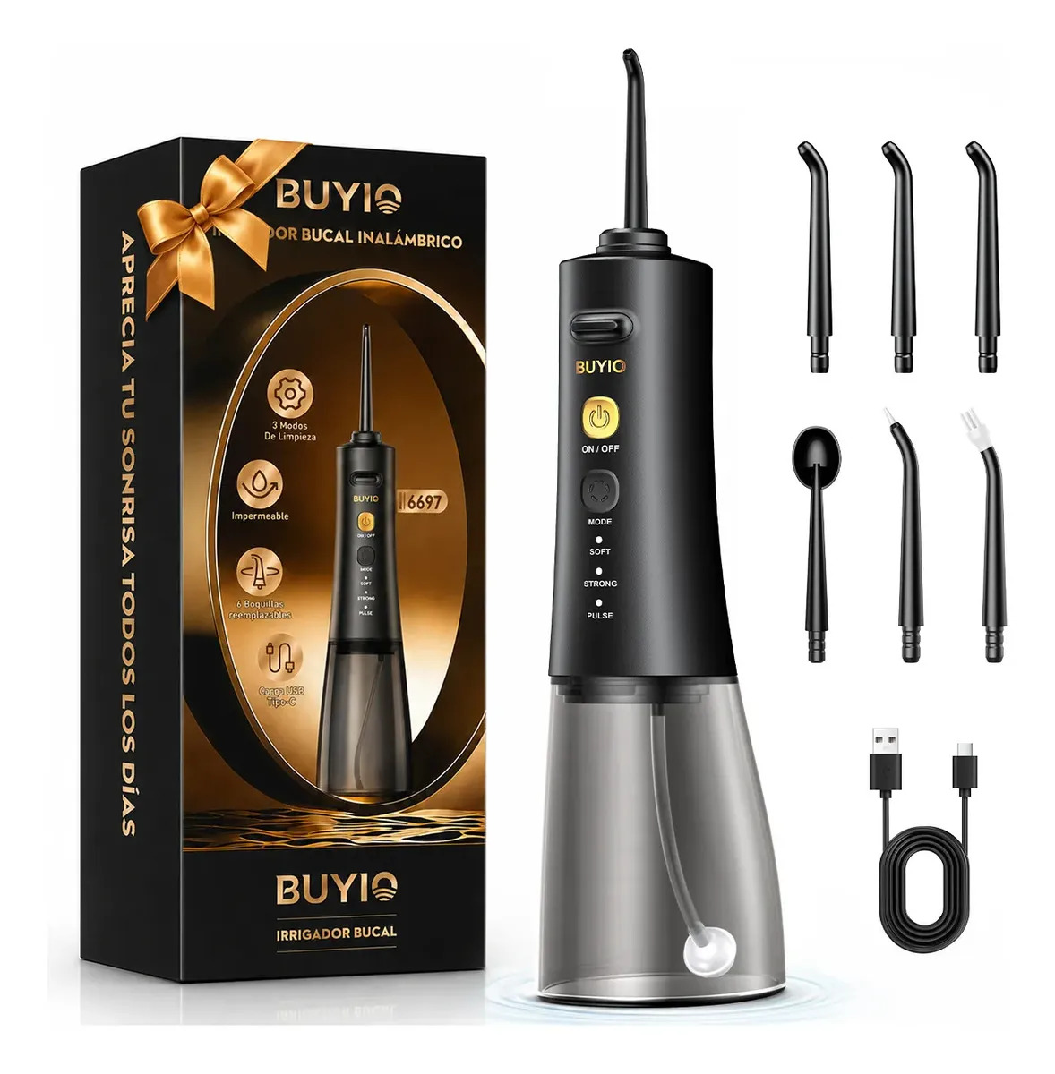 Irrigador Bucal Portátil BUYIO Irrigador Dental Recargable, IPX7 Y 350 ML Gran Capacidad Para Doméstico Y Viaje, 3 Modos, 60 Días De Autonomía Y 6 Boquillas, Ideal para Brackets y Dientes Sensibles