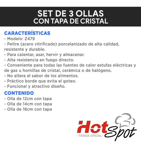 Imagen 7 de 8 de Set 3 Ollas Tapa Cristal Porcelanadizado Hot Spot 1 2 Y 4lts