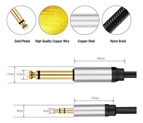 Cable Ts De Pulgada A Trs De 3,5 Mm, Carcasa De Cobre