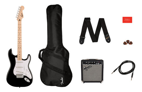 Pacote de guitarra elétrica Squier Sonic Stratocaster Black, orientação para a mão direita