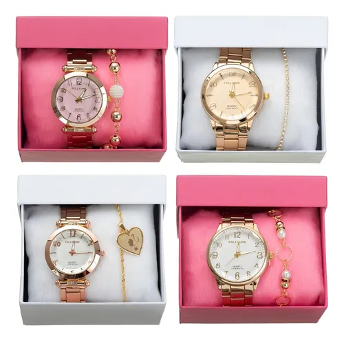 comprar 4 Relógio Feminino Pulseira Atacado Prova Dágua Original Com caixa Para Presente Cores Variadas
