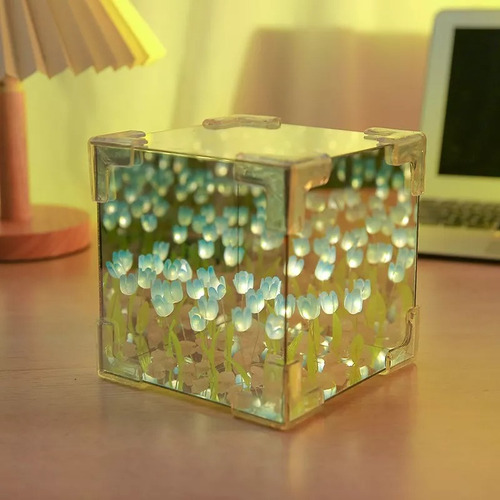 Cubo Tulipanes Infinito Lampara Noche Cubo Espejo Romantico Estructura Azul Pantalla Blanco Azul Blanco