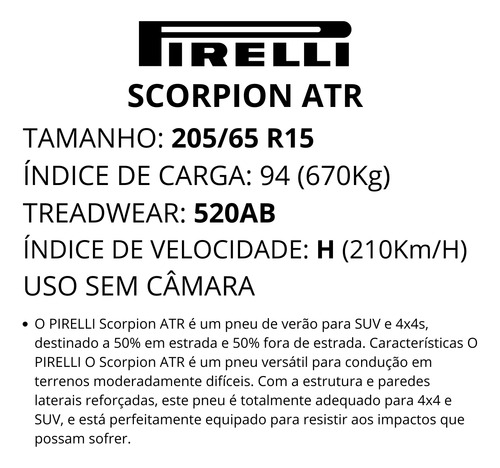 Pneu Pirelli Aro 15 205/65r15 94h Scorpion Atr H