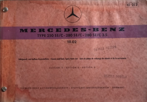 Catálogo Master De Despiece: M. Benz 250/280 Se/c Y Se/c 3.5