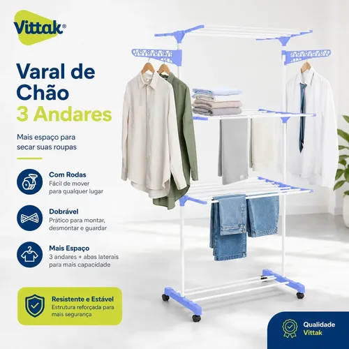 Varal de Chão Vittak Grande Azul de 3 Andares com Rodas