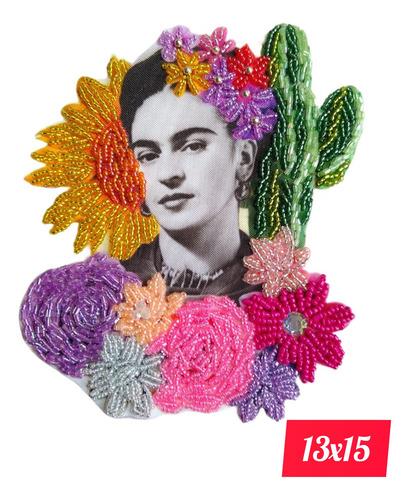 Parche Aplique Frida Kahlo Bordado Mostacilla Verde Estampado