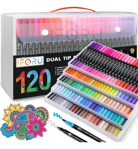 Marcadores Doble Punta IFORU 120 Colores Plumones Punta Pincel Kit Escolar