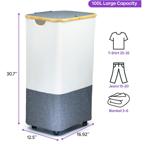 Cesta De Lavandería Plegable 100l Con Ruedas Y Tapa