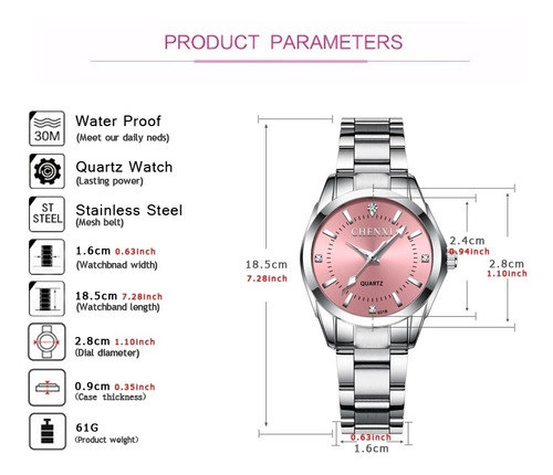 Relógio Feminino Prata Fundo Rosa Chenxi Prova D'água Barato