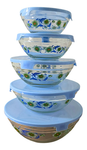 Juego De 5 Bowls Contenedores De Vidrio Hermeticos Con Tapa Azul Claro