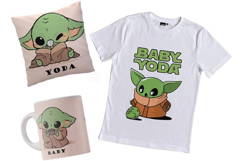 Remera Baby Yoda Star Wars Combo Con Taza Y Almohada