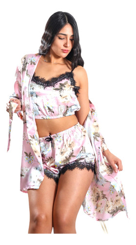 Pijama Crop Top Con Short  Y Bata Satinada Diseño Floreado