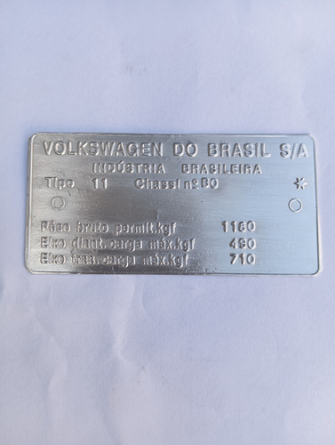 Plaqueta Tarjeta Identificação Aluminio  Carroceria Fusca Vw