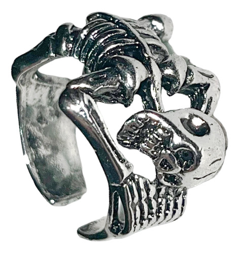 Anillo Ajustable Esqueleto Calavera Bañado En Plata