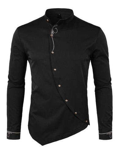 Camisa De Vestir De Manga Larga Con Bordado Oblicuo Con Boto