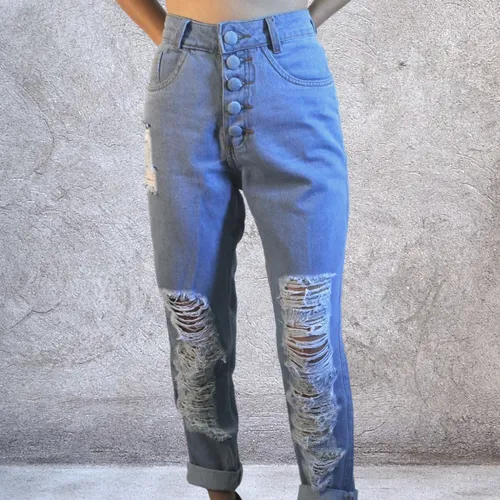 Calça Jeans Clara Feminina Cintura Alta Destroyed Botões