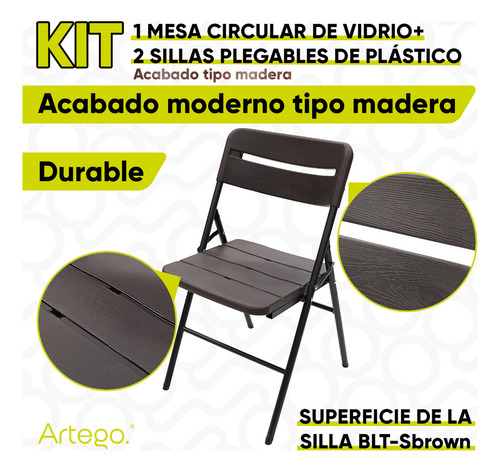 Mesa Circular De Vidrio Color Café Obscuro De 60cm + 2 Sillas De Plástico Hdpe Acabado Tipo Madera Para Exteriores Para Jardín Balcón Terraza Estructura De Acero Reforzado
