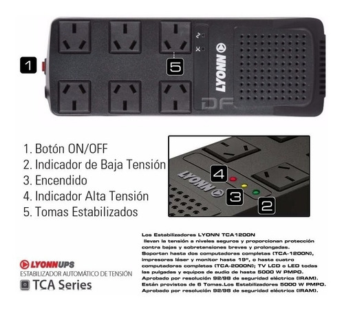 Estabilizador de tensión Lyonn TCA 1200NV 1200VA entrada y salida de 220V CA negro
