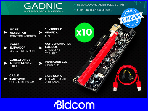 Kit X 10 Riser Ver 009s Pcie 6pin 16x Usb Eth Btc Minero