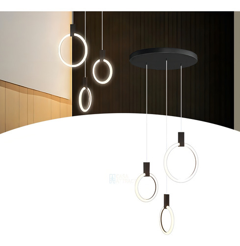 Lustre Luminária De Led 3 Argolas Duplo Alto Moderno para escada mesa de jantar sala Cor Preto 127/220V 47W 127/220V Casa Attract