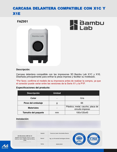 Carcasa Delantera Para Impresora 3d X1c/x1e Faz001 Bambu Lab
