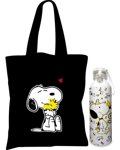 Tote Bag Bolsa Snoopy N + Botella En Aluminio - Estampaking