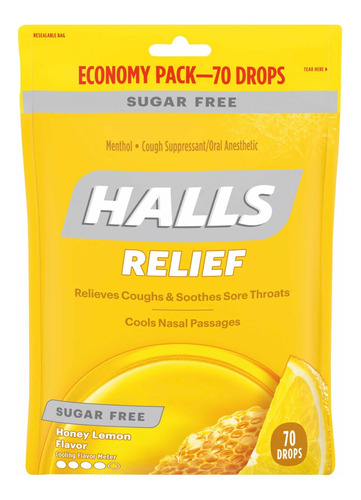 Halls Relief Honey Lemon  Cough Drops Pack De 70 Sin Azucar