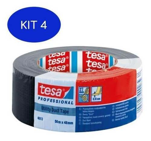 Kit 4 Fita Black Tape Preto 48mm X 50m - Tesa