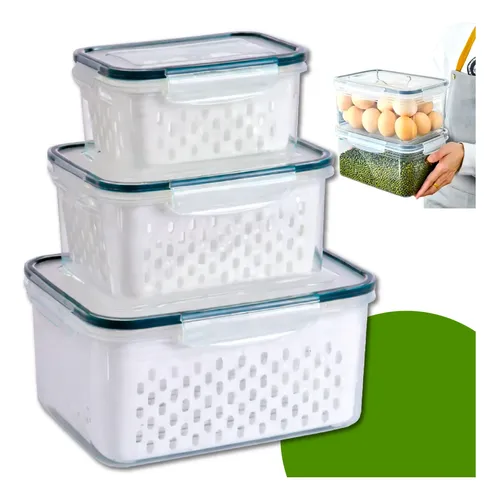 Kit 3 Potes Herméticos Com Escorredor Organizador Geladeira Transparente