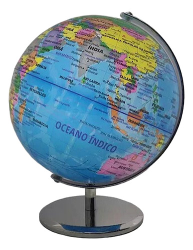 Globo Terrestre 25cm Enfeite Decorativo Mapa Mundi Giratorio Base Prateado Globo Azul