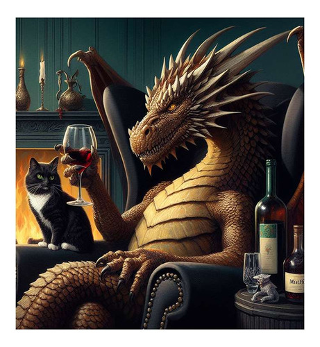 Vinilo 60x60cm Dragon Tomando Vino Gato Comodo Pensando