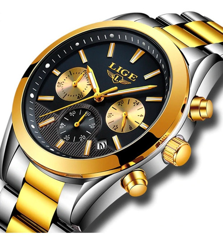 Reloj Análogo Cronógrafo En Acero Plateado Oro Negro Lige