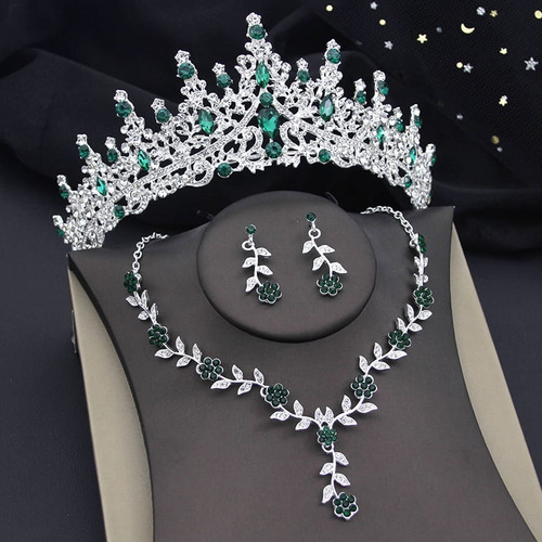 Conjunto Verde Oro Plata Collar Aros Premium Novia 15 Años