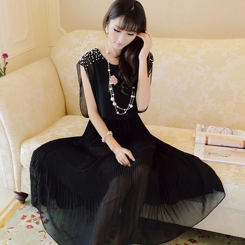 Vestido Talla M Negro Floral De Gasa Plisada Nuevo Importado